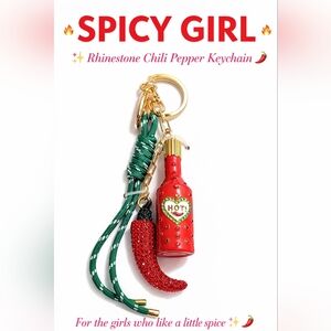 New! Spicy Girl Keychain 🌶️ Rhinestone Chili Pepper Hot Sauce Bag Charm Y2K